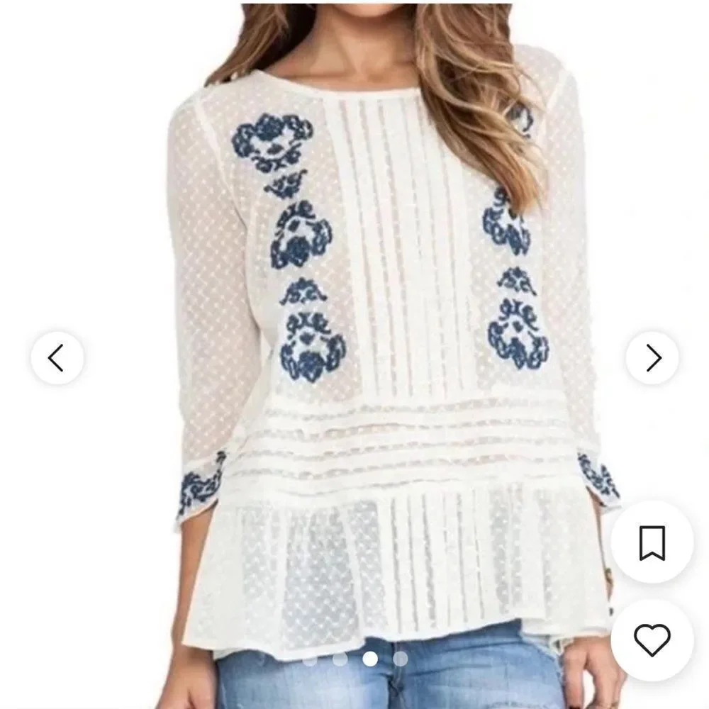 Free People T-Shirt Blouse Top Lace Embroidered